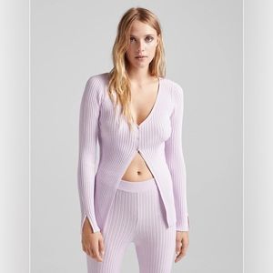 Bershka knitted rib detail button cardigan in lilac new with tags